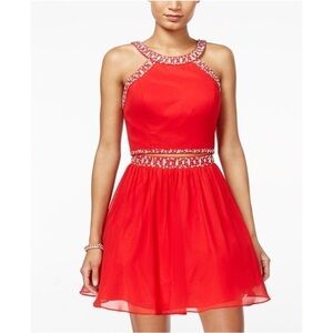 B Darlin Red Jeweled Halter Lace Crop